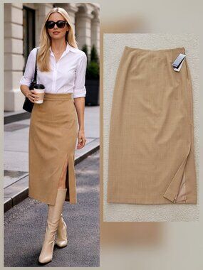 VTG New Austin Reed Camel A-Line Midi Old Money CKB Minimalist Skirt Side Slit